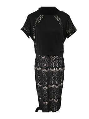 Fifth & Park Black Lace Midi Dress Size 12 Nude Underlay Cocktail